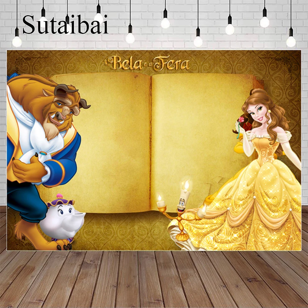 

Cartoon Disney Romantic Beauty and The Beast Belle Princess Golden Backdrop Birthday Party Decoration Photography Background