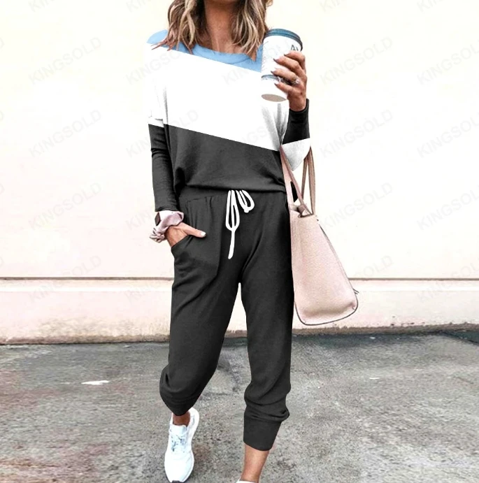 Women's Fashion Suits 2024 Spring Summer Latest Casual Sports Comfortable Loose Solid Round Neck Long sleeved Top and Pants Set