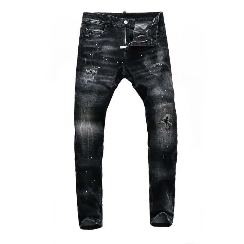 Fashion Streetwear Men Jeans Retro Black Gray Stretch Slim Fit Painted Ripped Jeans Men Vintage Designer Hip Hop Brand Pants