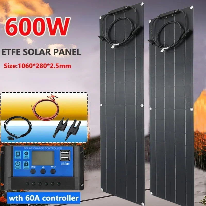 600W 300W Solar Plate Kit Flexible Solar Cells 18V Panel System Battery Charger Camping Yacht Motorhome Car RV Boat