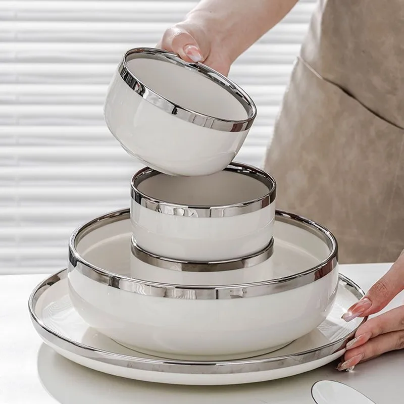 Nordic Style Silver Inlay Bright White Ceramic Dinner Sets Bowls Dish Plates Set Porcelain Dinnerware For Household Hotel