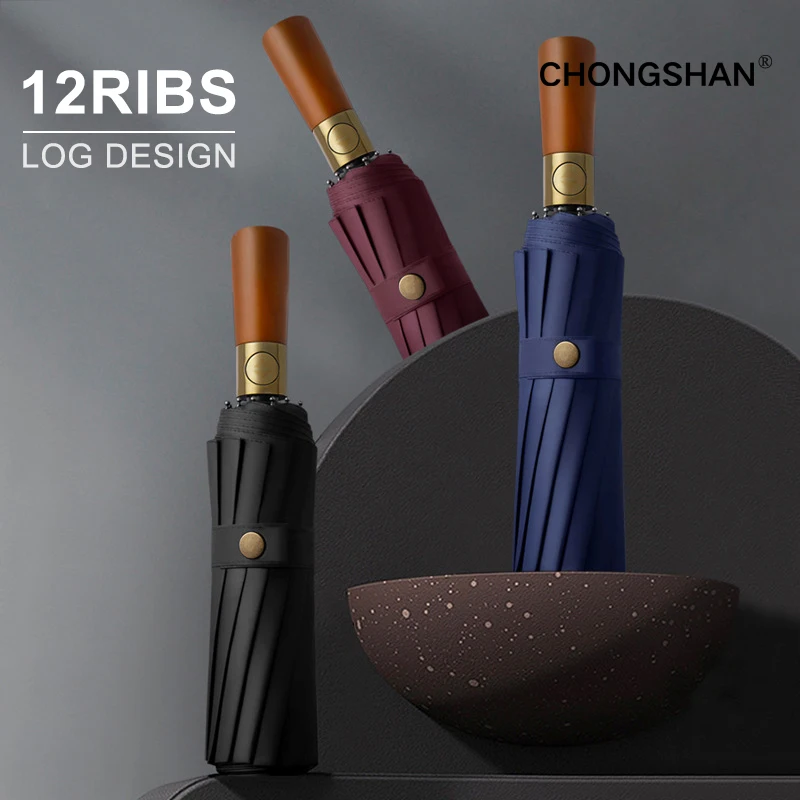 UV umbrella for men women 12 ribs wooden handle automatic windproof fold strong vinyle business luxury travel accessories