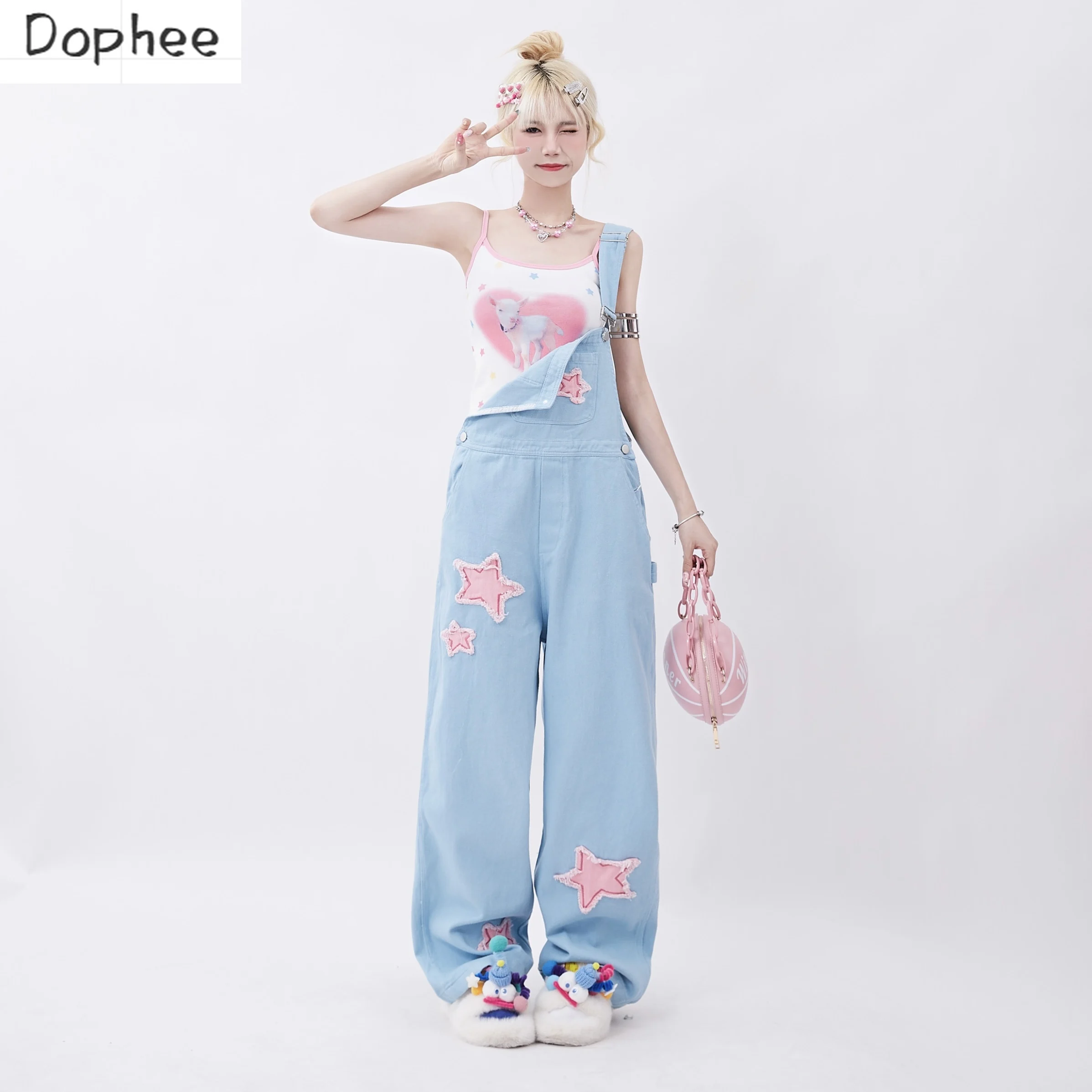 

Dophee Новые Осенние Синие Комбинезоны для женщин, патч, стандартные допаминовые прямые брюки, повседневные Комбинезоны, студенческие хлопковые брюки