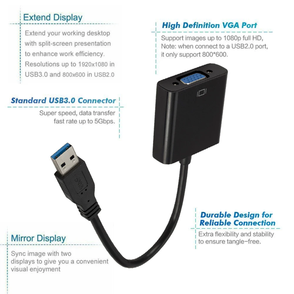 Adapter konwerter USB 3.0 do VGA 1080P HD zewnętrzny kabel konwertera dla projektor do komputera TV Monitor kabel VGA ekranu