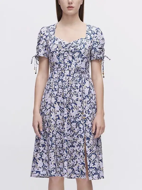 

Women Printed Square Neck Slim Fit Midi Dress Ladies French Casual Short Sleeve Drawstring A-line Dresses 2023 Summer New
