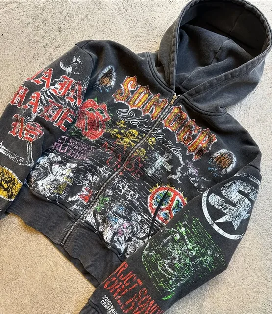 Y2k American Fashion Personality Versatile Anime Printed Zipper Hoodie Men Vintage Goth Dark Style Oversized Sweatshirt Women 6
