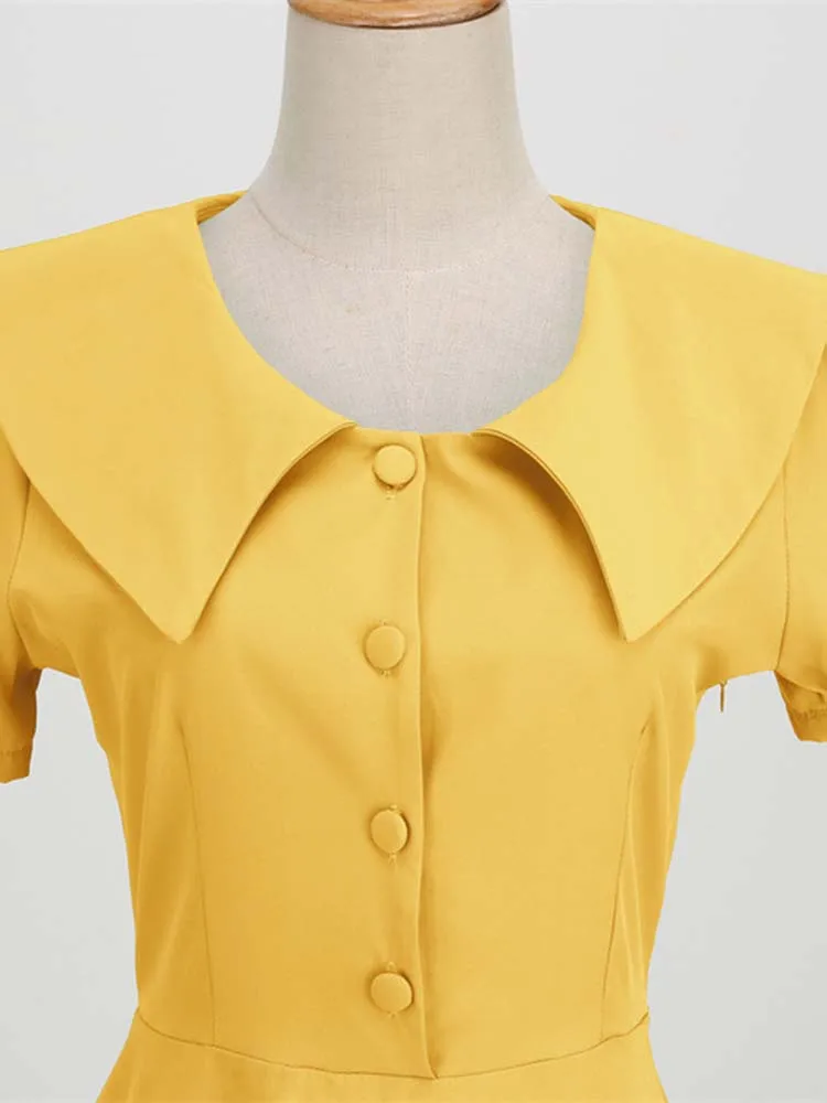 Vintage 50s High Waist Pleated Midi Dress for Women Elegant Peter Pan Collar Solid Sundress for Party 3