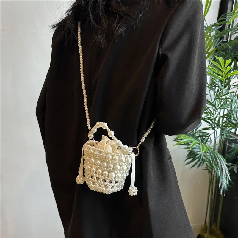 Mini Crossbody Bucket Bag with Pearl Chain Strap bags for women