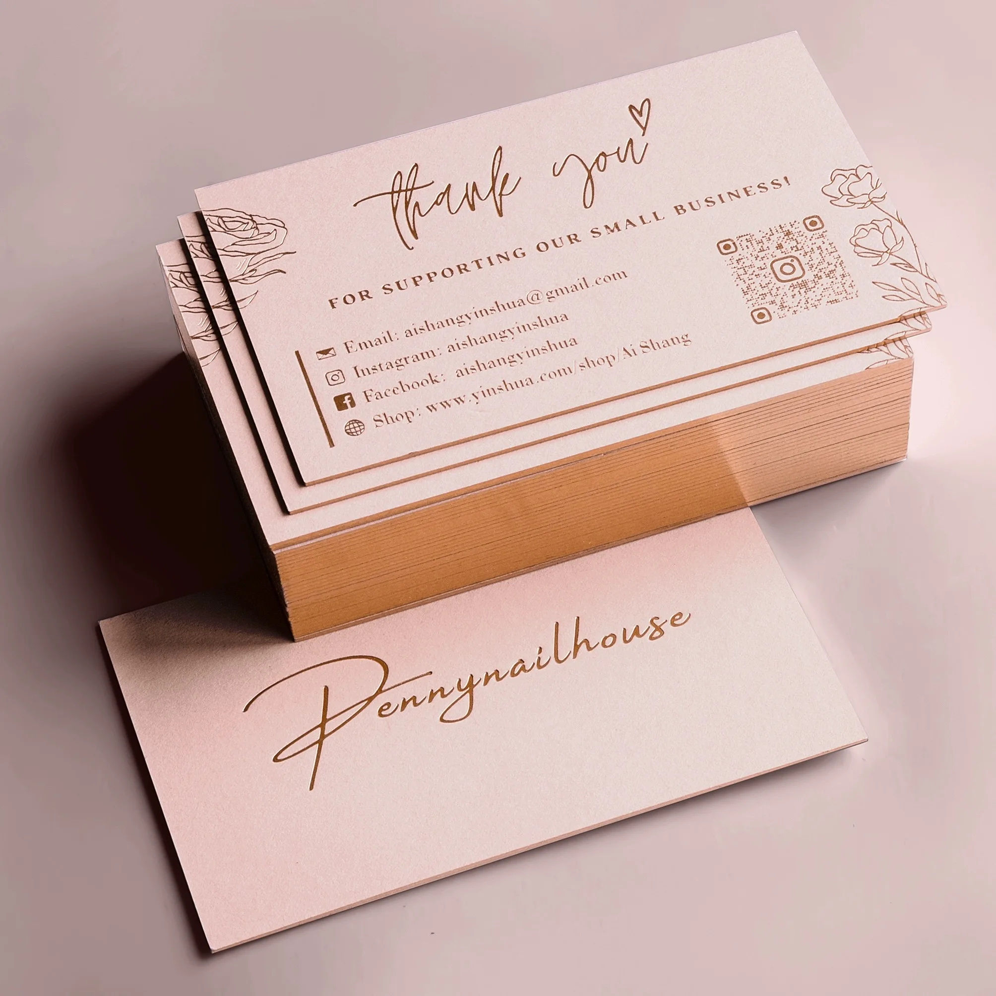 

Custom pink paper cards with embossed logo gold foil stamped edge business cards