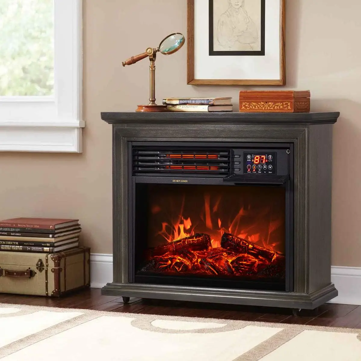1500W Infrared Quartz Electric Fireplace Heater Freestanding Timer with Remote Controller Wheel