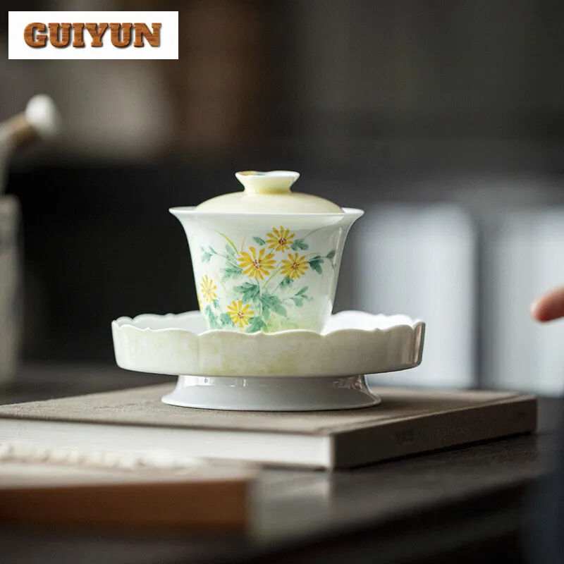 120ml Hand-painted Wild Chrysanthemum Porcelain Gaiwan Elegant Tea Bowl Tea Tureen Brewing Cover Bowl Teaset Ornaments Gifts