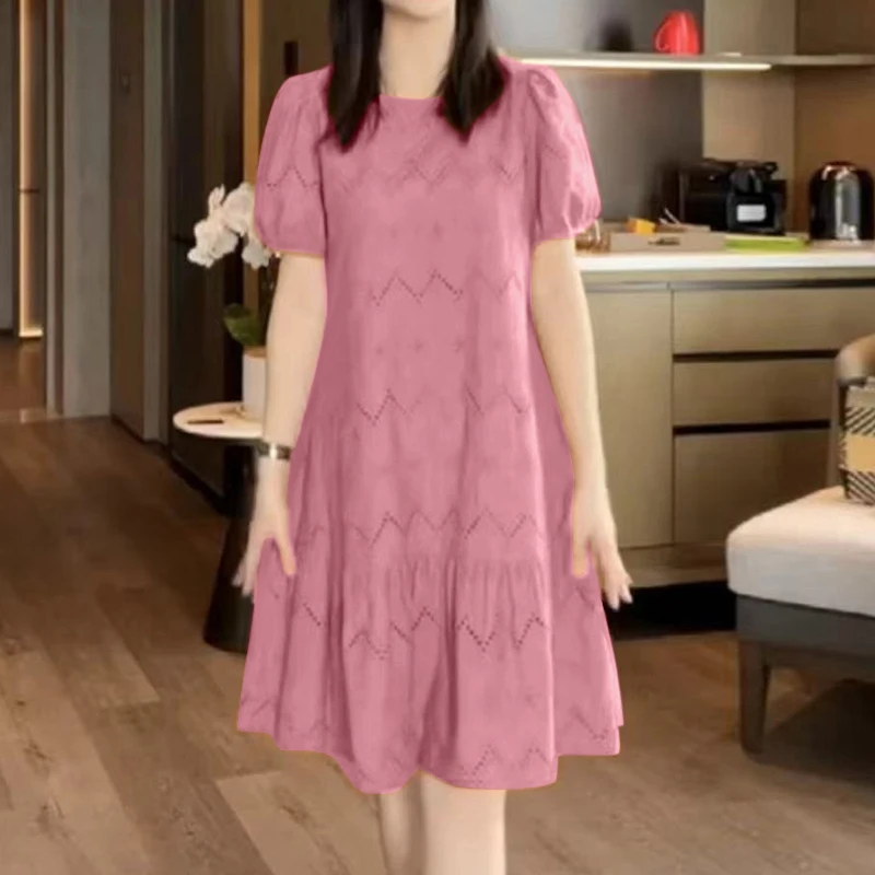 ZANZEA Damen-Kleid mit durchbrochenem Stickerei, 2022, Sommer, O-Ausschnitt, kurze Puffärmel, Patchwork, einfarbig, knielang, Kleider, 4 Farben – Detail 7