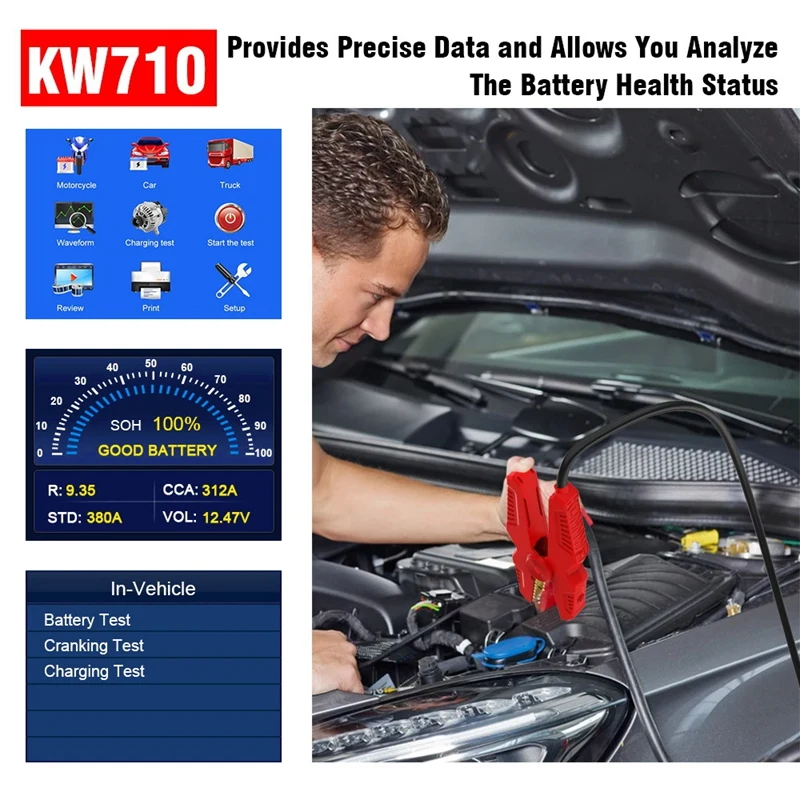 KONNWEI 자동차 배터리 테스터, KW710, 6-36V, 100-2000CCA 배터리 부하 테스터, 3.2 인치 스크린 크랭킹 및 충전 시스템 테스터