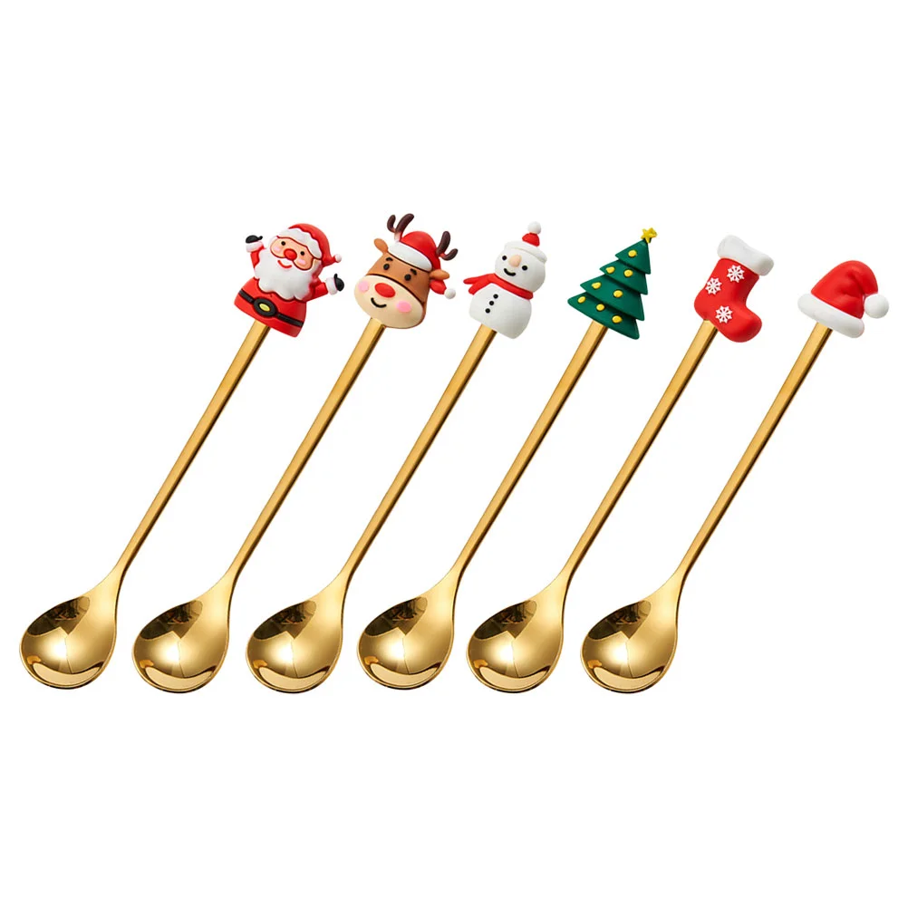 

6pcs Xmas Party Dessert Spoons Stainless Steel Cake Spoons Restaurant Eating Spoons