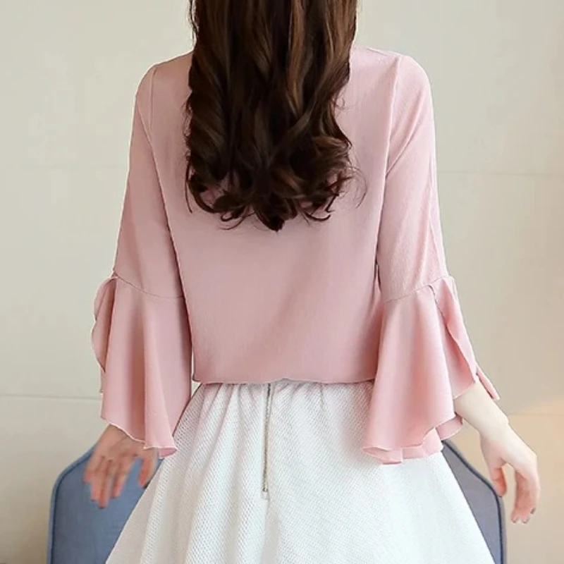 Seven-point Female Ruffled Sleeved Loose Shirt Chiffon Blouses 2
