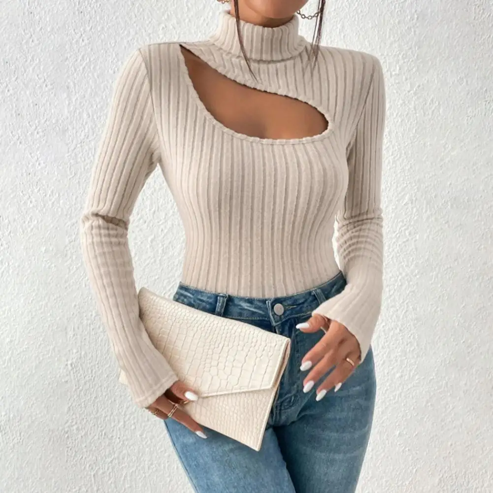 

Women Top Fall Winter Top Hollow Out High Collar Long Sleeve Knitted Elastic Slim Fit Pullover Soft Lady Bottoming Sweater