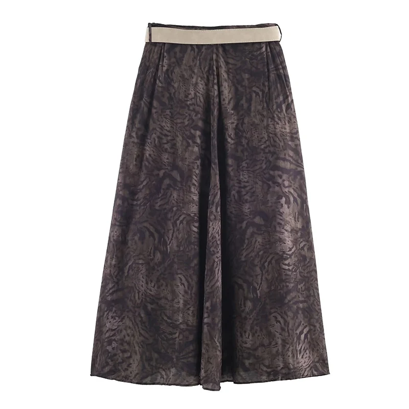 2025 New Vintage Printed Midi Skirt With Belt Ruffles Pleated Long Skirts For Women Fashion High Street Casual Chic Party Skirts