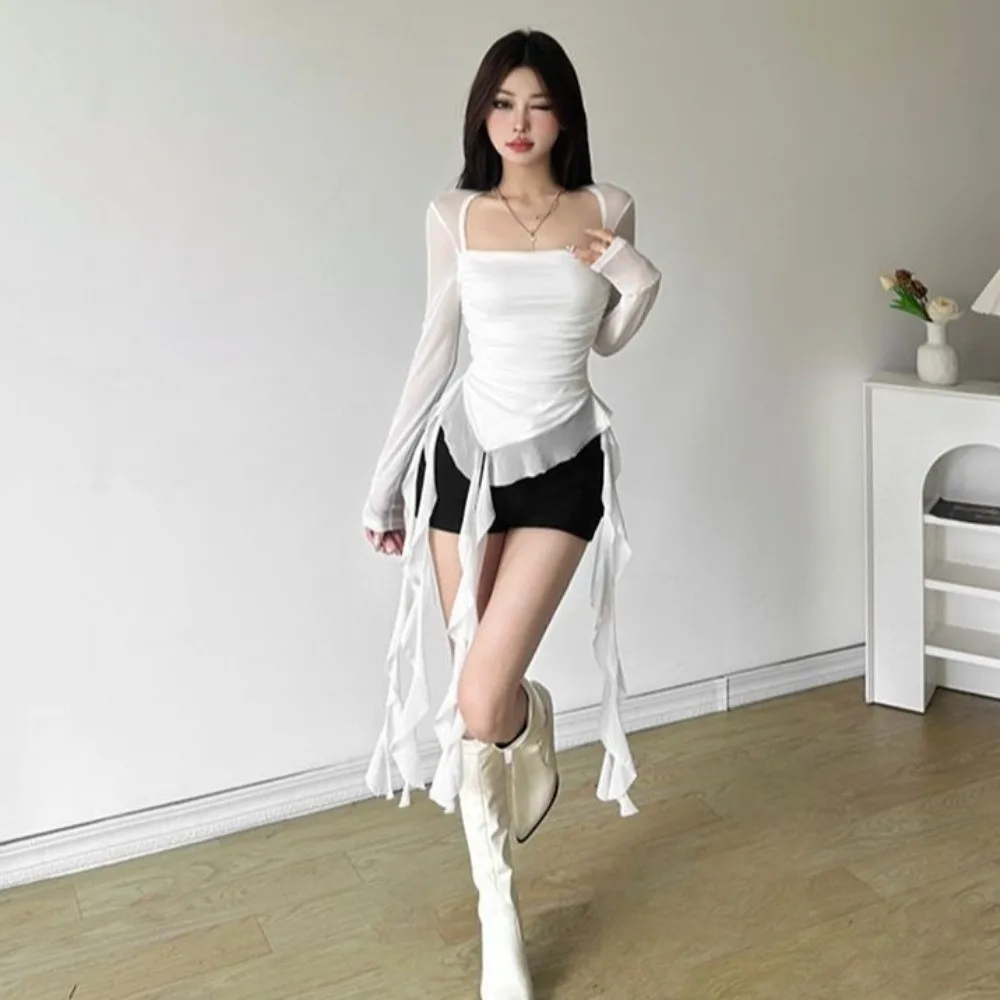 Streetwear Jellyfish Mesh Belt T-Shirt Elf Long Sleeve Pleated Collar Slim Fit Crop Tops Transparent Irregular