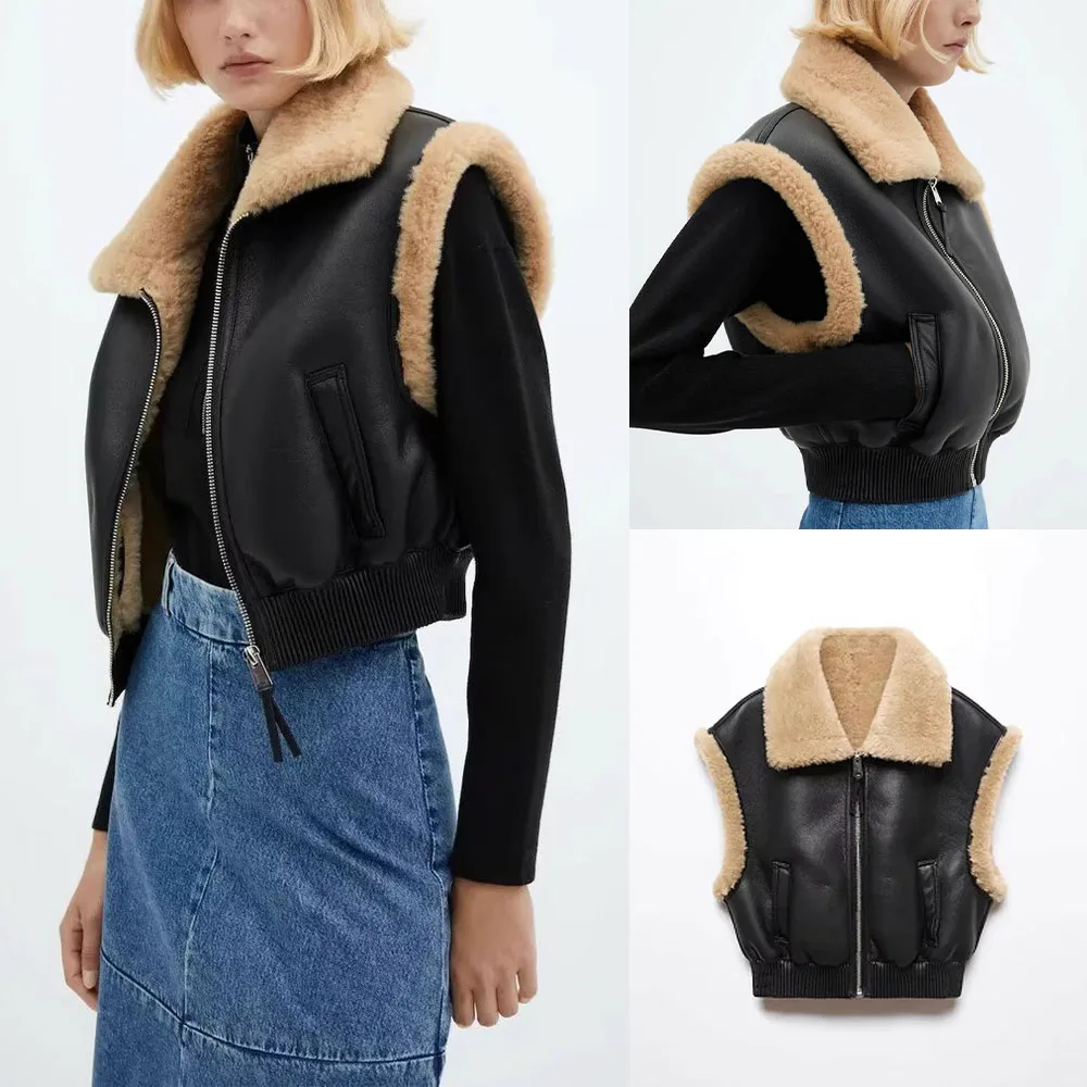 

Autumn and winter retro lapel fur all-in-one pilot vest jacket for women