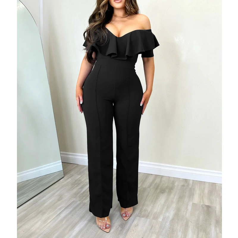 Women's Ruffle Sexy Deep V-neck Backless Elegant Party Jumpsuit Summer Fashion Solid Short Sleeve Slim Rompers High Waist Pants