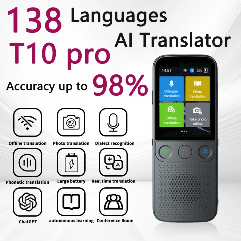 T10 pro 5MP Smart voice language translator 138 Languages Voice Photo Translation WIFI/Offline works ChatGPT Function Business Abroad