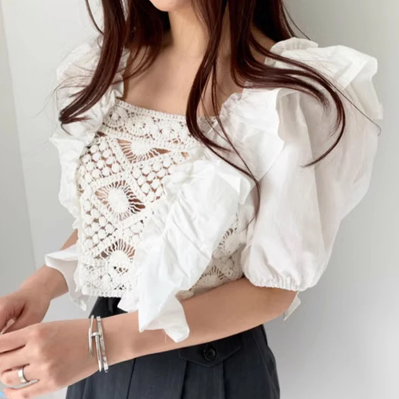 

2023 Crochet Lace Sexy Shirt Square Neck Elegant Summer Blouse Sweet Puff Short Sleeve Casual Women's Ruffled Design Tops 27104