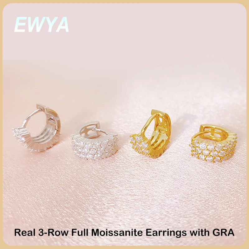 

EWYA Sparkling Real 3-Row Full Moissanite Hoop Earrings for Women Fine Jewelry S925 Silver Diamond Small Ear Buckle Earring Gift