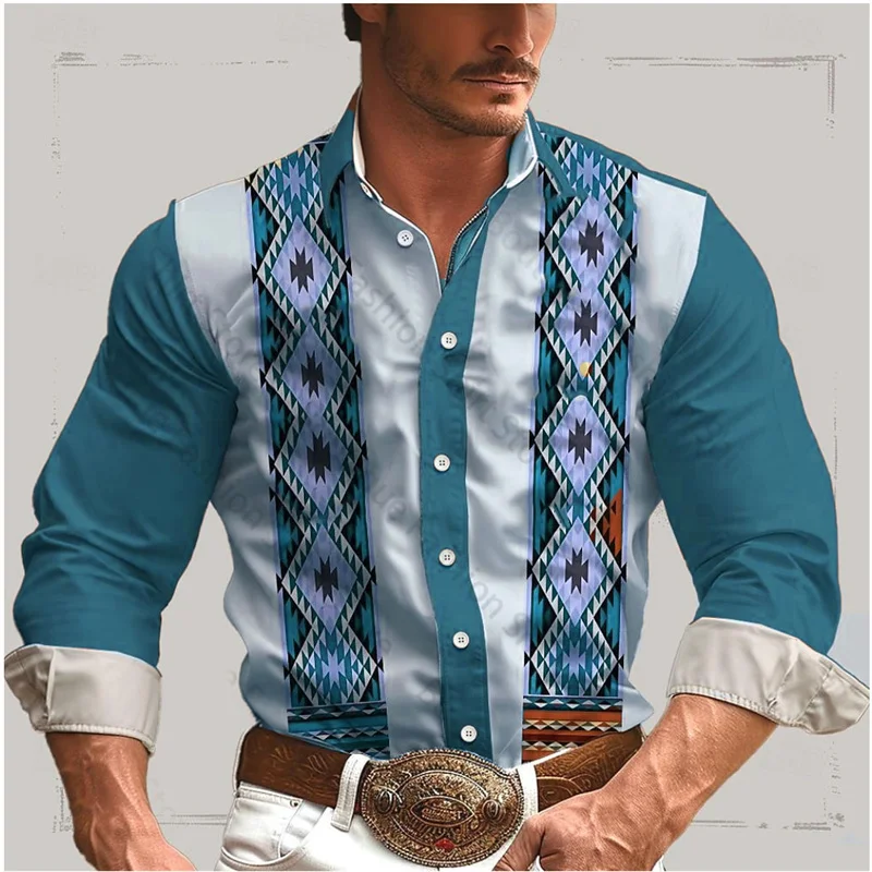 thumbnail image 1 of Camisa de hombre estilo occidental retro geométrico para exteriores, informal, de calle, para uso diario, primavera y verano, con solapa, manga larga, tallas S-5XL, camisa de tela elástica, 1 of 4
