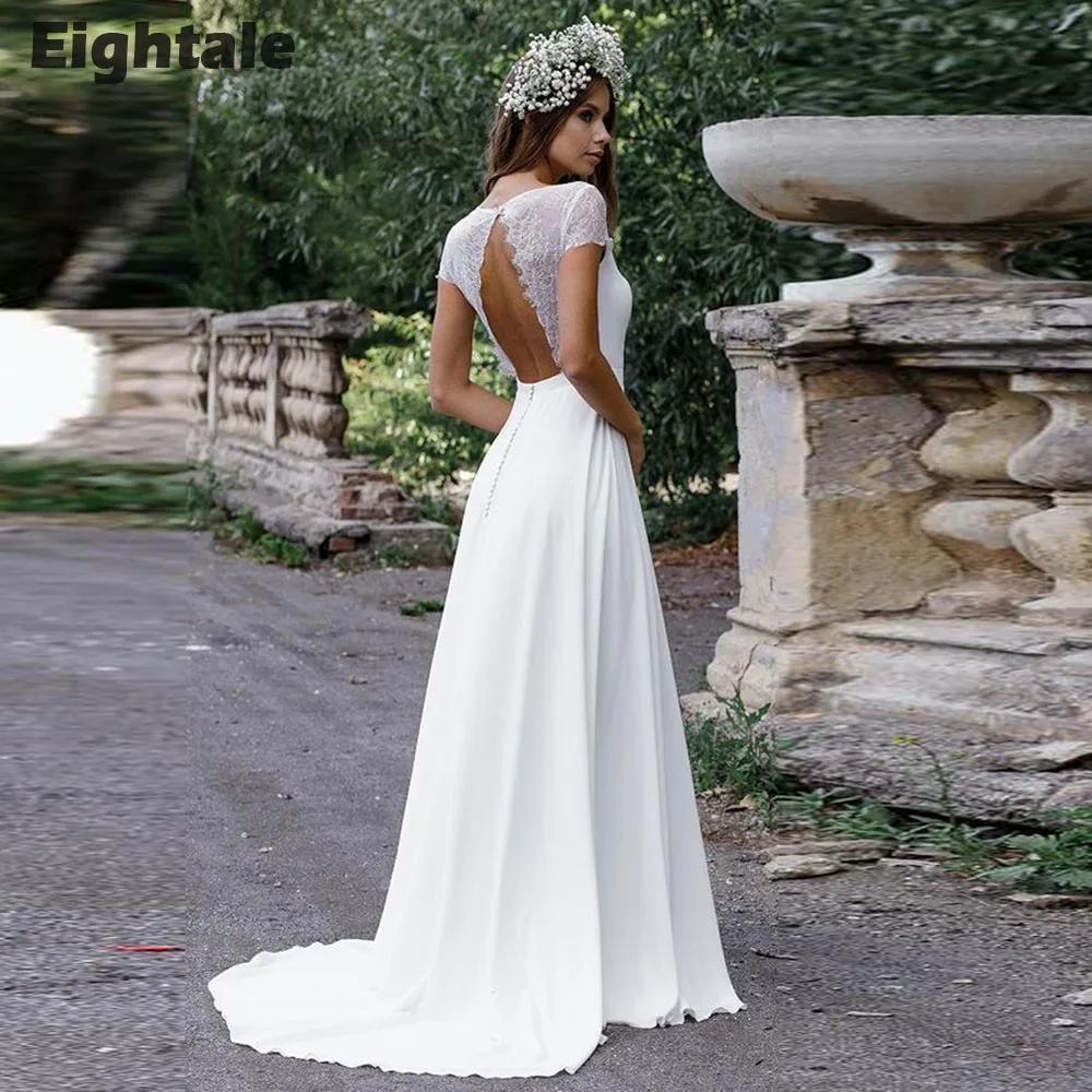 Eightale Bohemian Wedding Dress Lace Customized Cap Sleeves A-Line Bridal Gown Keyhole Back Beach vestidos para mujer