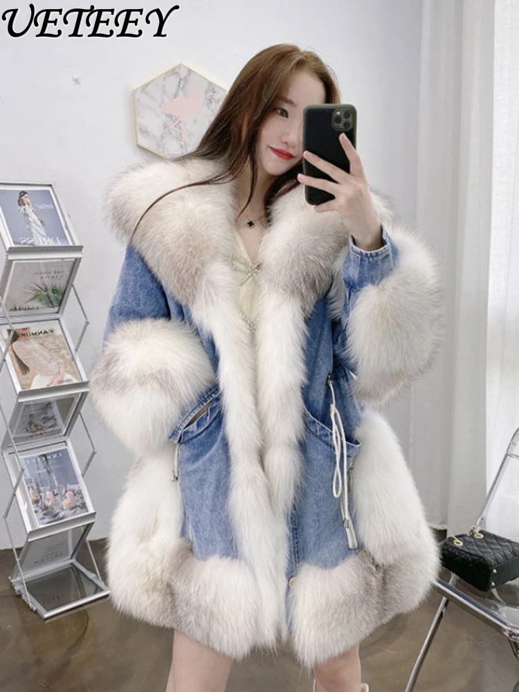 

Winter Imitation Fox Fur Denim Stitching Leather Coat Women's Loose Mid-Length Thickened Young Parka Down Cotton-Padded Jacket