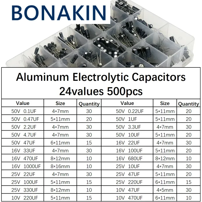 500Pcs/lot 0.1UF-1000UF 24Values Aluminum Electrolytic Capacitors 16-50V mix Electrolytic capacitor Assorted kit and storage box