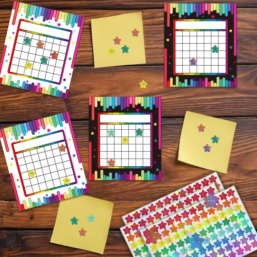 20 Sets of Classroom Reward Charts, 2 Designs, Includes 480 Pcs Holographic Rainbow Star Stickers, Suitable for Classroom - 5