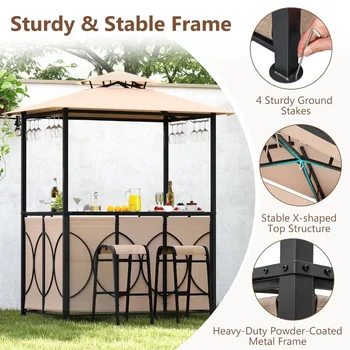 3-Piece Patio Bar Set with Grill Gazebo – Glass Table & 2 Stools 1