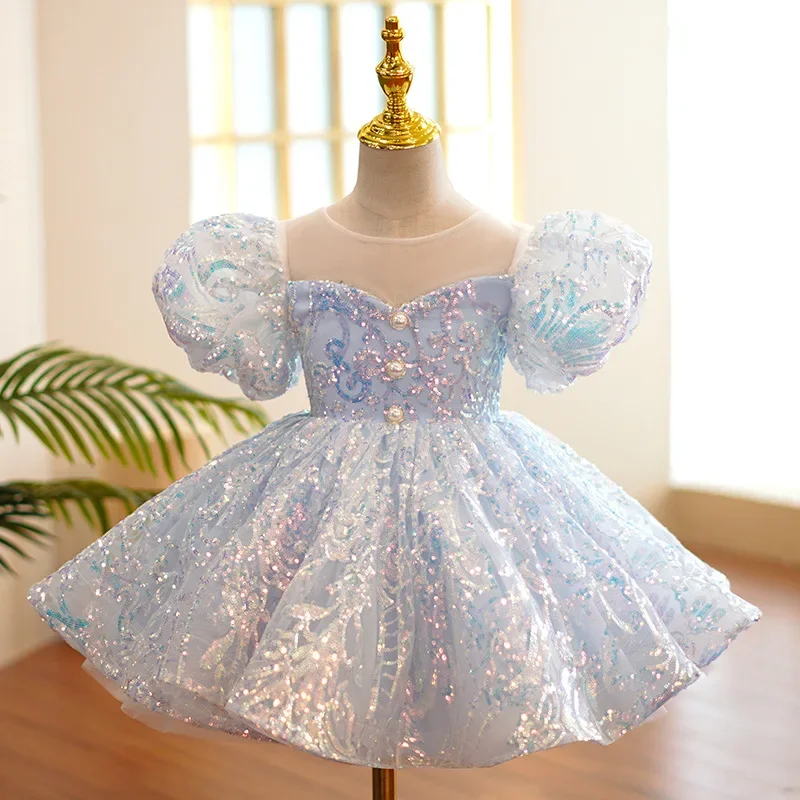 

Fashion Girl Princess Vintage Sequins Dress Puff Sleeve Infant Toddler Child Bow Party Birthday Costume Clothes 1-12Y