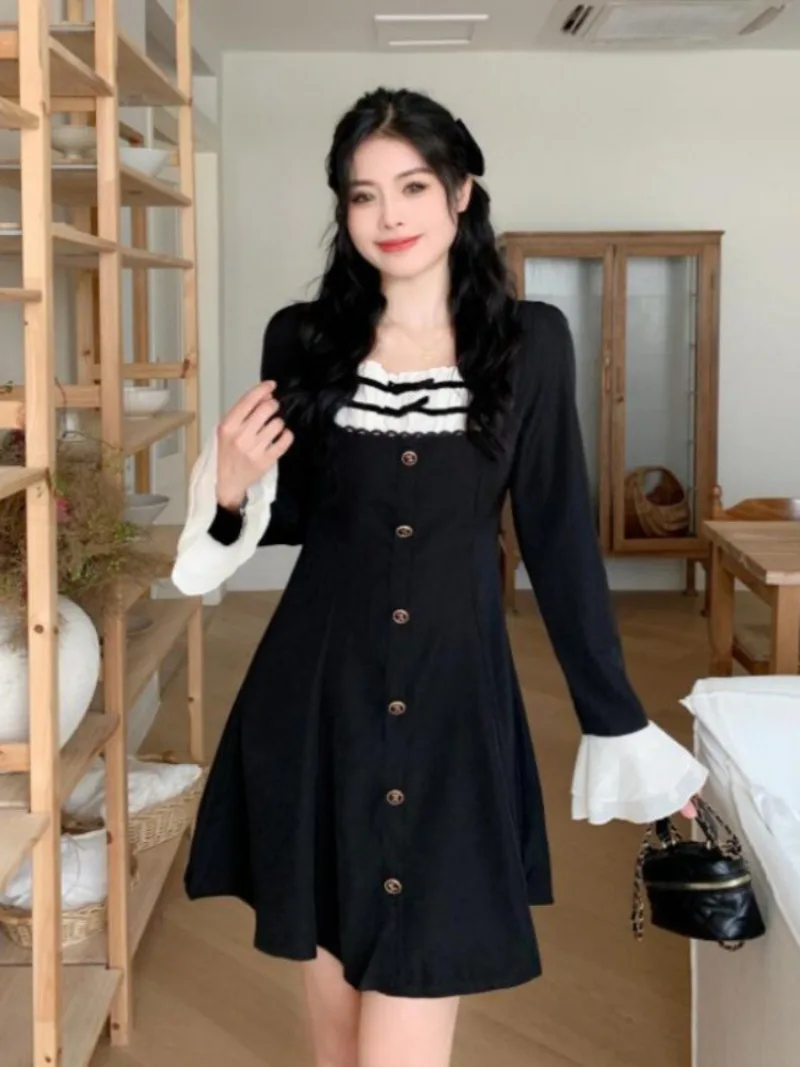 

Women French Vintage Square Collar Patchwork Mini Dress Spring and Autumn Female Black Slim Evening Party Dresses Sweet Clothing