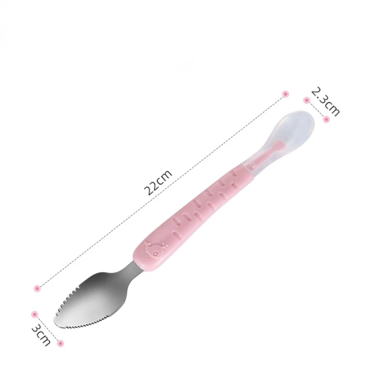 Baby Double Head Silicone Stainless Steel Children Utensil Toddler Infant Food Eating Fruit Scraping Mud Spoon Feeding Tableware baby cutlery