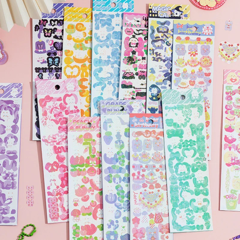 50Sheets Korean Deco Stickers Set, Kpop Potocard Korean Stickers with Cute  Rabbit Bear Cat Dessert Flower Ribbon Animal, DIY Colorful Glitter Self