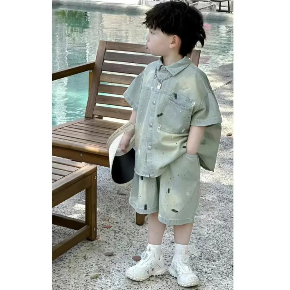 

Boys Summer Set 2024 New Soft Thin Cowboy Button Lapel Shirt Shorts Two-piece Suits Korea Fashion Casual Loose Graffiti Suits