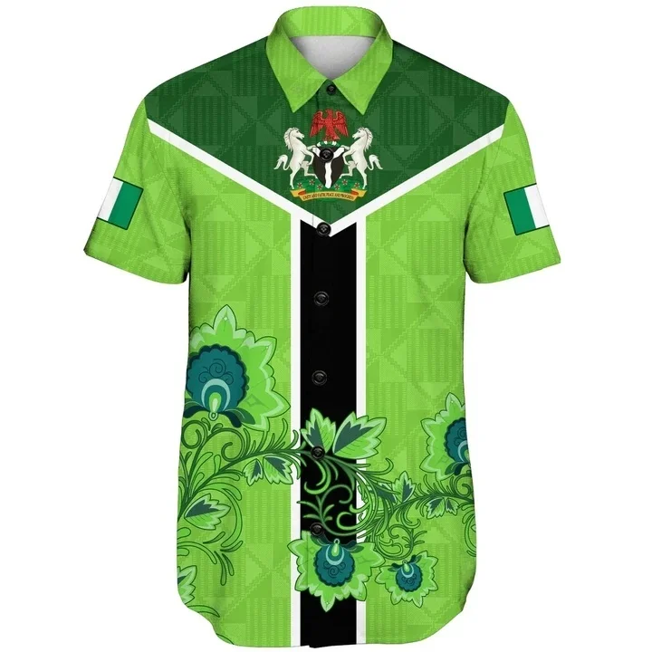 

Africa Nigeria Flag Map Short Sleeve Shirts For Men Clothes Hawaiian Kids Blouses National Emblem Horse Lapel Blouse Dashiki Top