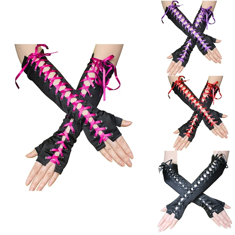 

Satin Wear Ribbon Tied Ribbon Gloves Dress Up Ball Performance Gloves European And American Satin Punk Gloves