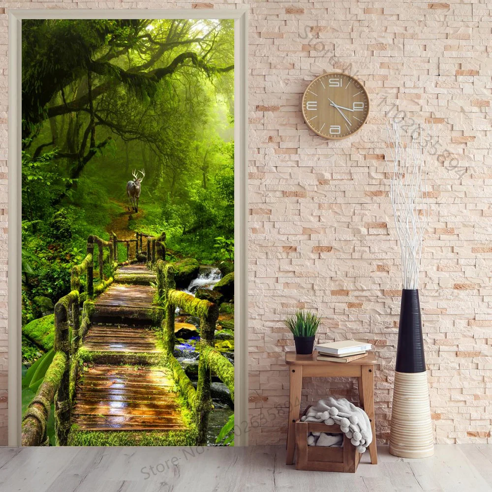 Green Forest Door Stickers Natural Atmosphere Poster Vinyl PVC Waterproof Self-adhesive Mural