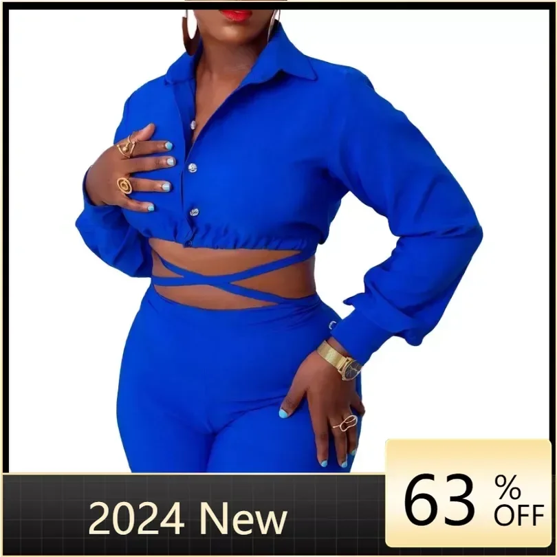 

2 Two Piece Set Africa Clothing African Clothes Plus Size African Dresses for Women 2024 Outfits Crop Tops Flared Trousers Set