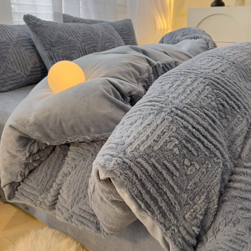 2025 winter model carved rabbit fur milk fleece bed four-piece set coral fleece thickened bed sheet quilt cover fitted sheet kit 5