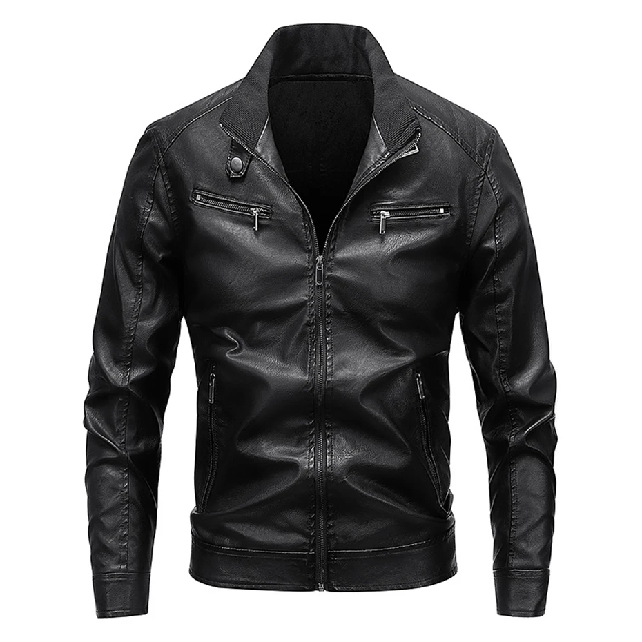 PU Jackets Men Fashion Casual Leather Coat Black Moto Biker Jacket Male Spring Autumn Thick Fleece PU Coat Slim Fit