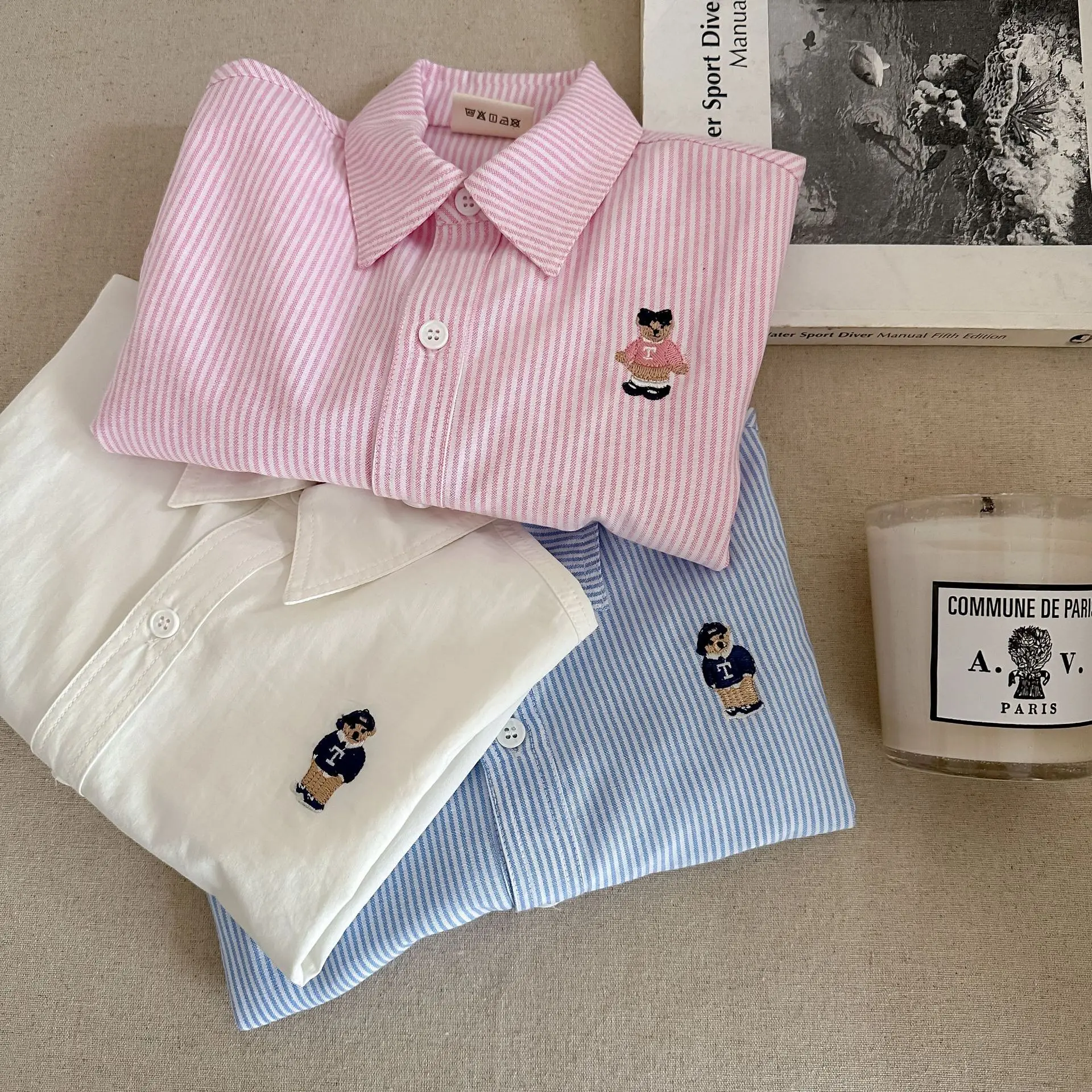 2025 Spring Autumn Girls Boys Casual Stripe Long Sleeve Cotton Blouse with Embroidery Bear Three Colors