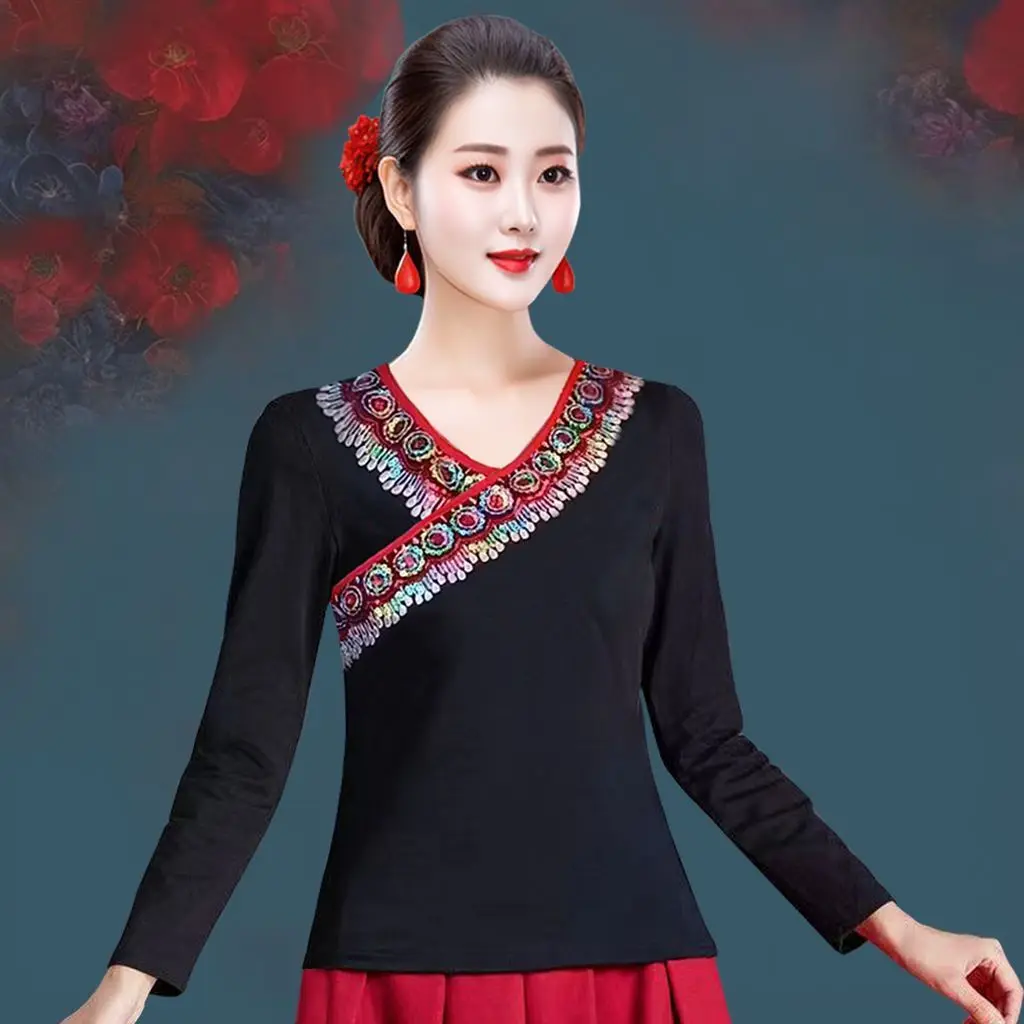 

Cheongsam Women's Plus Size Tops 2024 Spring New Fashion Cotton Blend Splicing Embroidery V-Neck Tradition Chinese Style Shirts