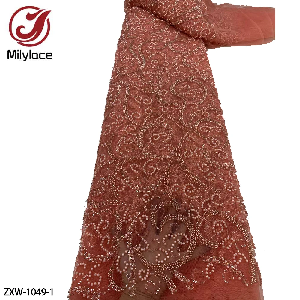 

African Heavy Beaded Lace Fabric High Quality Nigerian Sequins Groom Fabric for Wedding Party Dress 5 Yards ZXW-1049