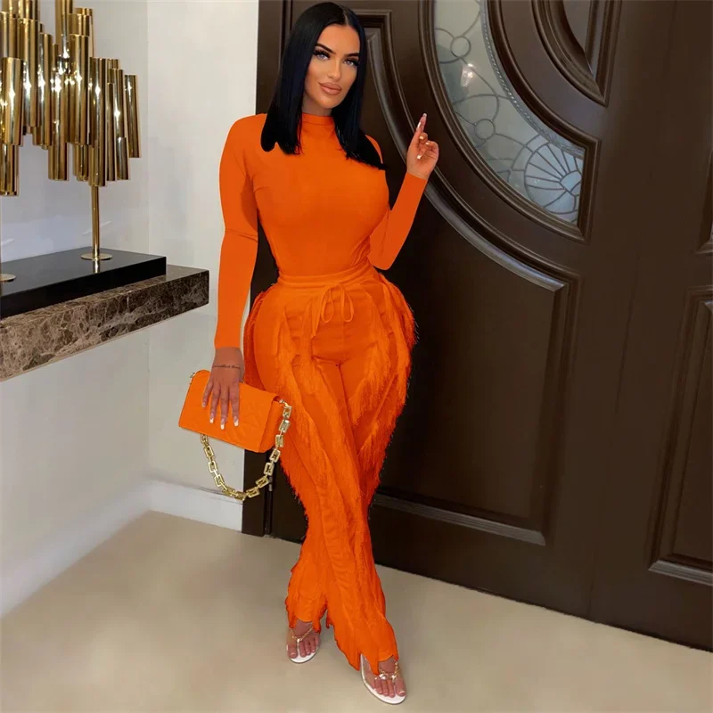 Women Skinny Long Sleeve Tops Solid Color Sports Suits Fashion Tassel Splicing Lace-up Pants Female Autumn Winter Two Piece Set
