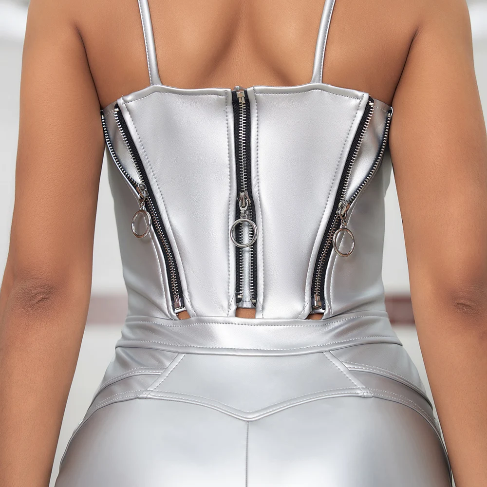 Shascullfites Melody Silver PU Leather Jumpsuit Women Front Zipper Straps Elegant Skinny Bodysuits Bodycon Overall