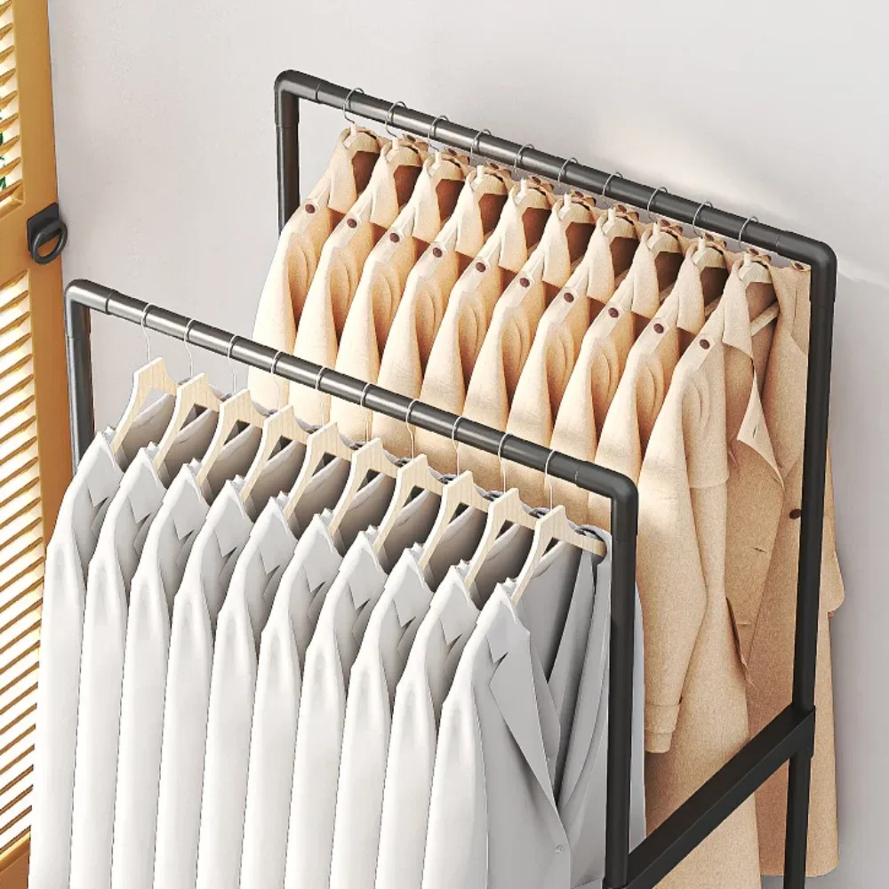 Double Pole Coat Rack Movable Clothes Storage Racks Multi Functional Clothing Hanger Shelves with Wheels Bedroom Stand Wardrobe clothes rack